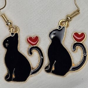 Black Cat Earrings with Red Heart